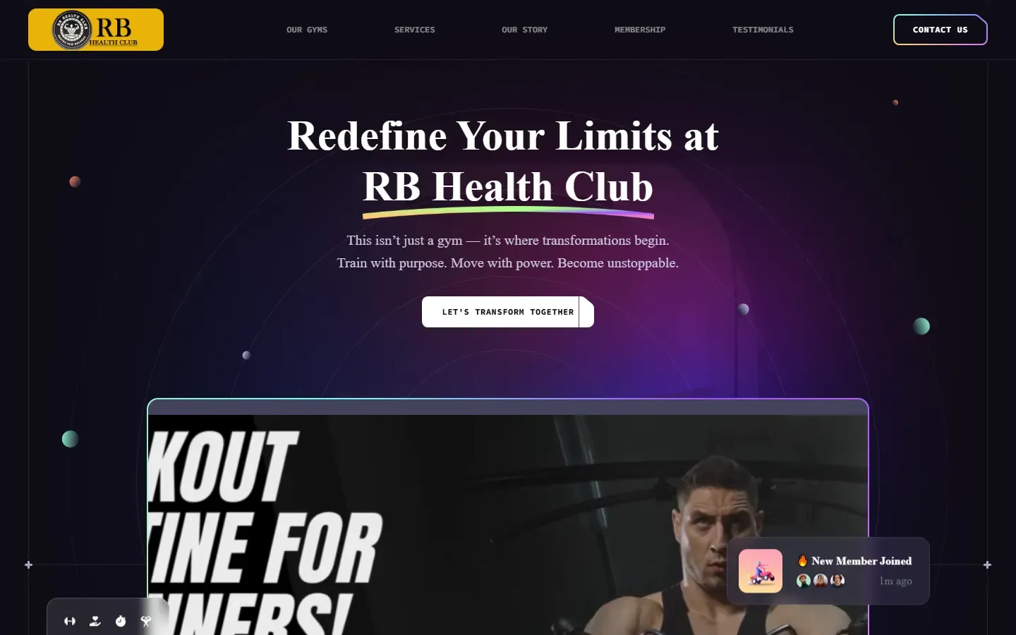 RB Health Club website home page on desktop