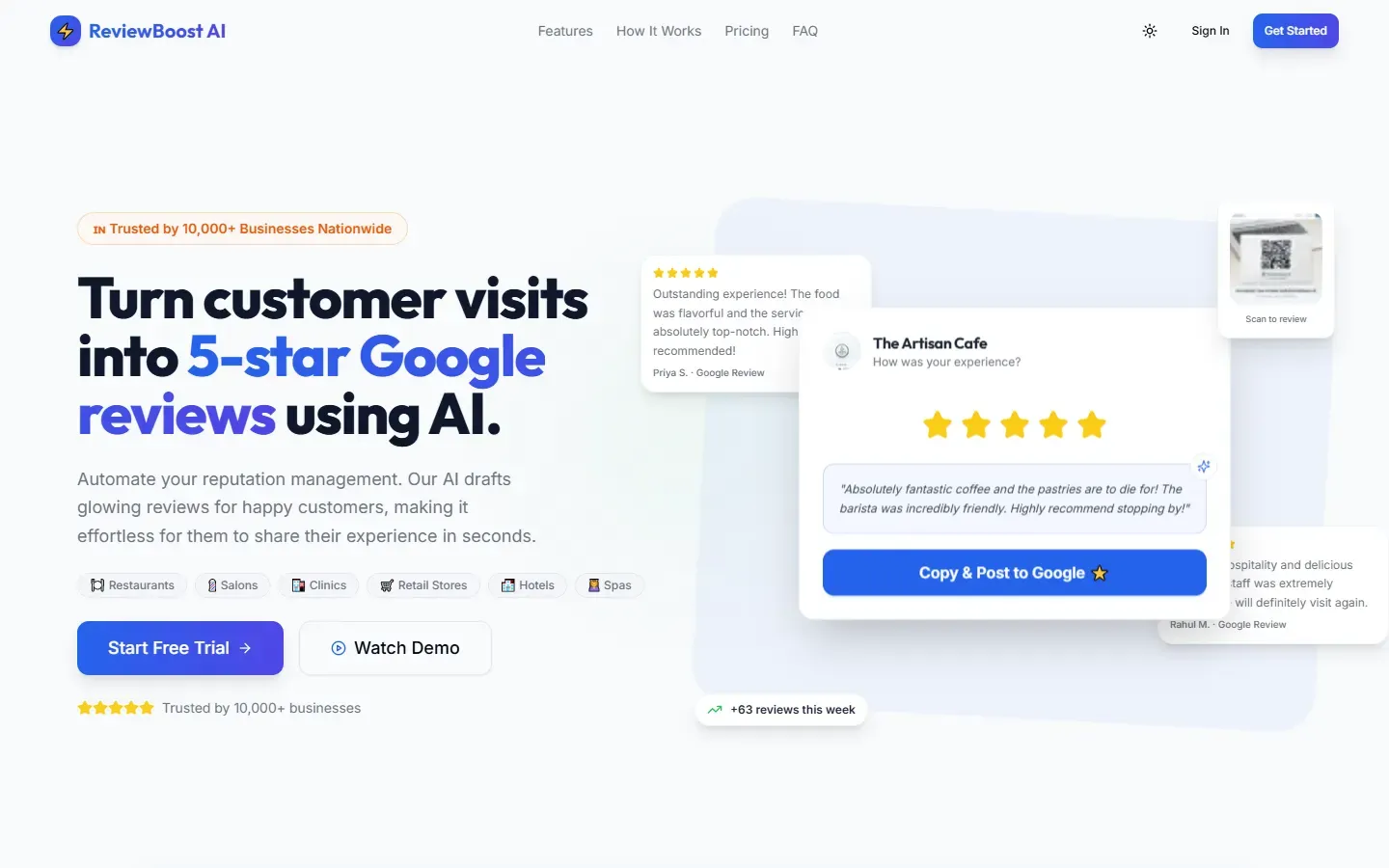 ReviewBoost AI website home page on desktop