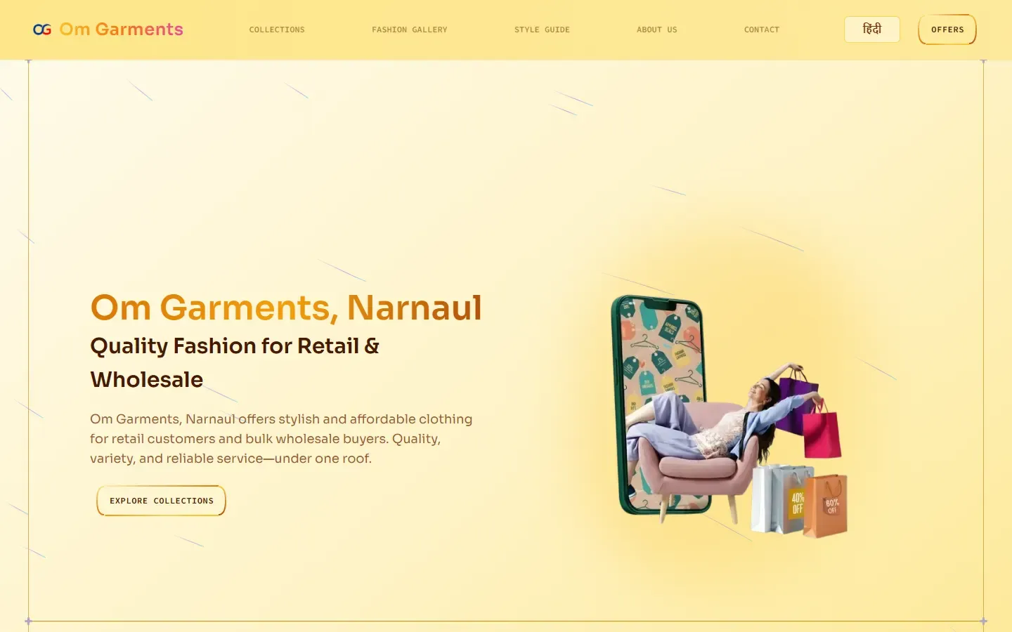 Om Garments website home page on desktop