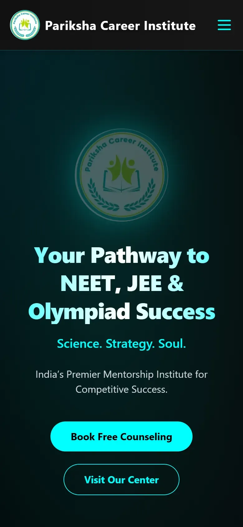 Pariksha Career Institute website home page on a phone