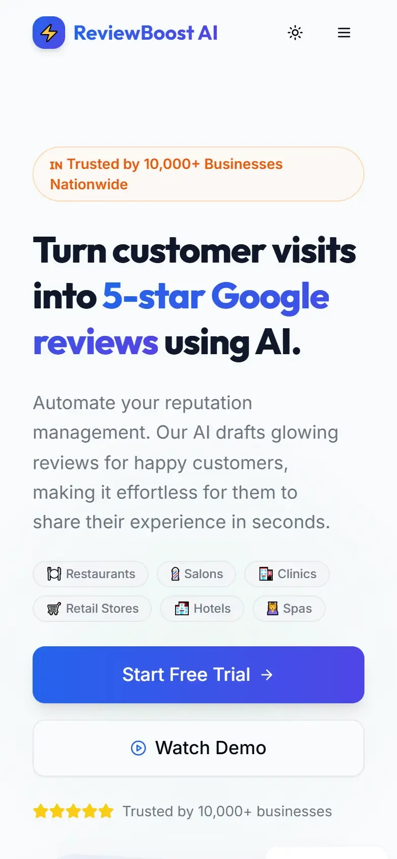 ReviewBoost AI website home page on a phone