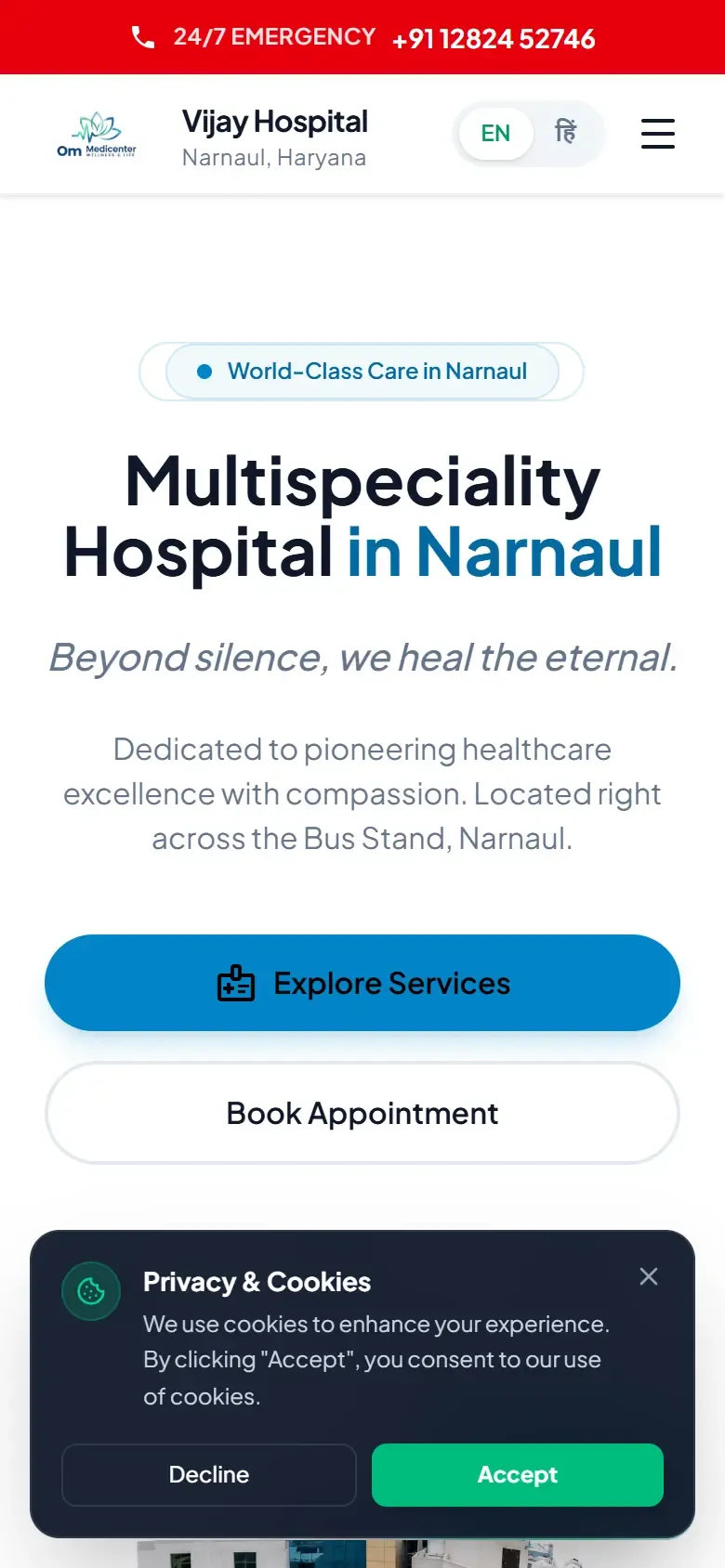 Vijay Hospital website home page on a phone